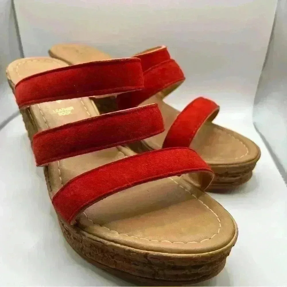 Mariella Beige Slide Wedge‎ Platform Red Straps Women Size 9 SKU #4590
